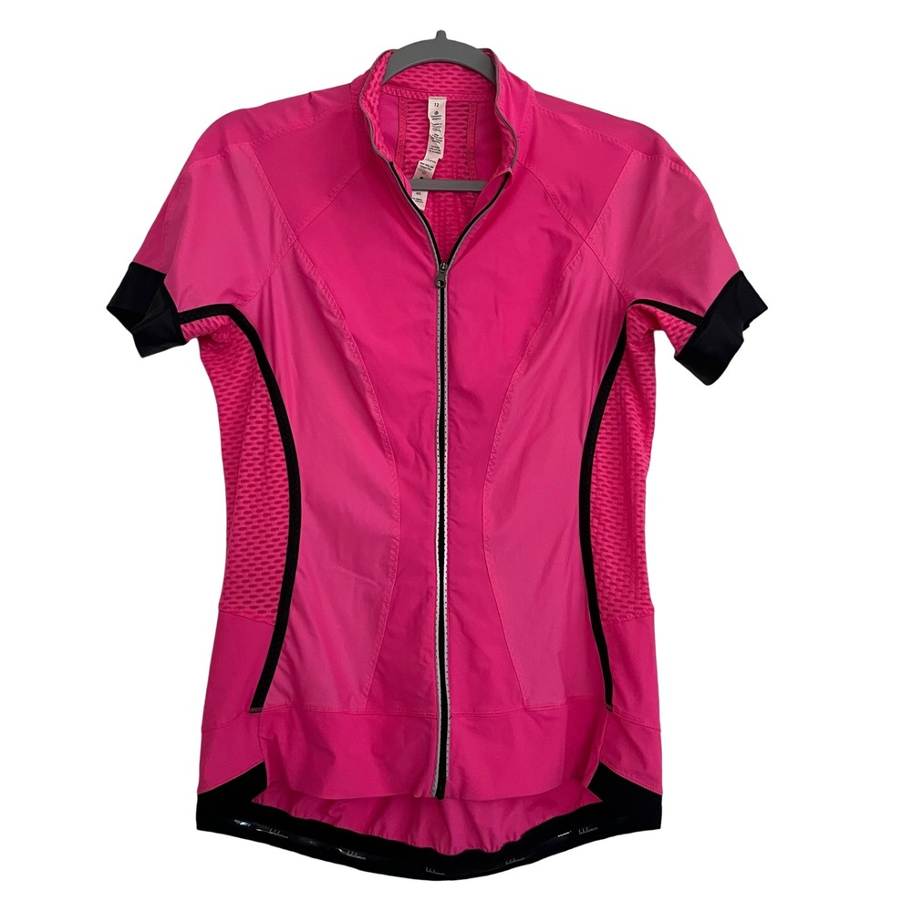 Lululemon Cycling Jersey Women 12 Pink Mesh Vent Short Sleeve Full Zip Top